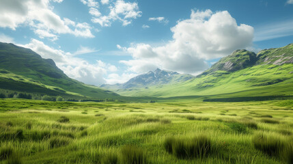 Obraz premium Bright sunlight over the rugged peaks and valleys of the Scottish Highlands.