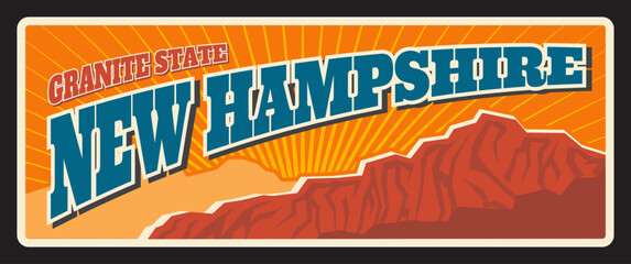New Hampshire american granite state, vintage travel plate. Vector tin plaque, sign for tourist destination, retro board, antique signboard typography. Touristic Concord capital, Manchester city - obrazy, fototapety, plakaty