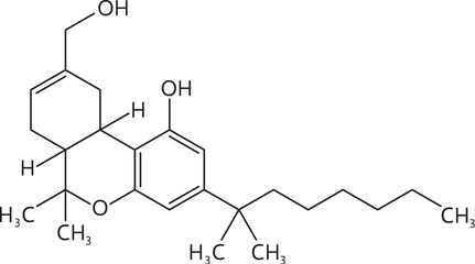 HU-210 drug molecule and chemical formula structure of narcotic substance, vector model. HU-210 synthetic cannabinoid, psychoactive stimulant and narcotic drug in molecular formula structure - obrazy, fototapety, plakaty
