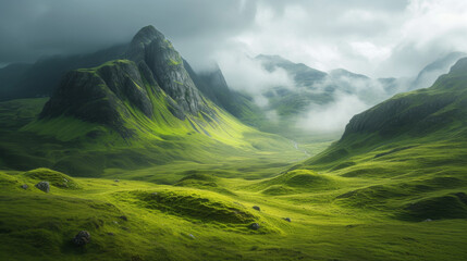 Misty valleys and verdant hills in the Scottish Highlands. - obrazy, fototapety, plakaty