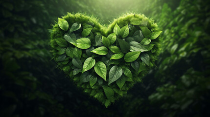 Green leaves in heart shape - obrazy, fototapety, plakaty