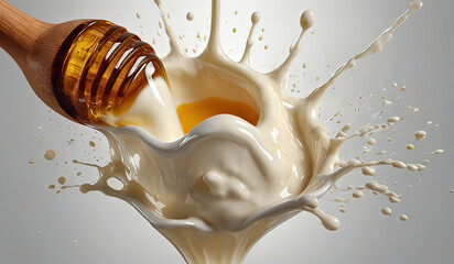 splash of milk mixture with honey and black cumin. photo realistic - obrazy, fototapety, plakaty
