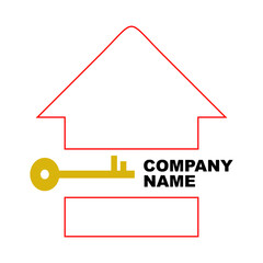 House key with label. Creative home and key logo detailing with white background. Real Estate. Flat Vector Logo Design Template Element for Construction Architecture Building Logos.