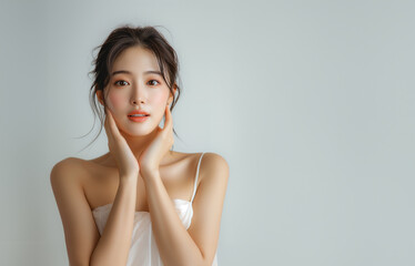 Fototapeta premium Beautiful young Asian woman, white, smooth, clean face. Studio atmosphere, advertising concept for cosmetics, spa, beauty clinic, Generative AI