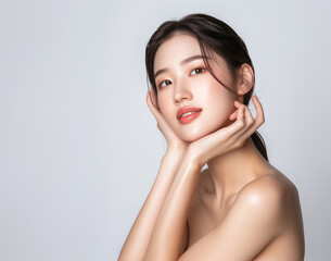 Beautiful young Asian woman, white, smooth, clean face. Studio atmosphere, advertising concept for cosmetics, spa, beauty clinic, Generative AI