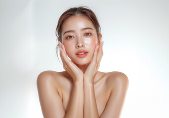 Beautiful young Asian woman, white, smooth, clean face. Studio atmosphere, advertising concept for cosmetics, spa, beauty clinic, Generative AI