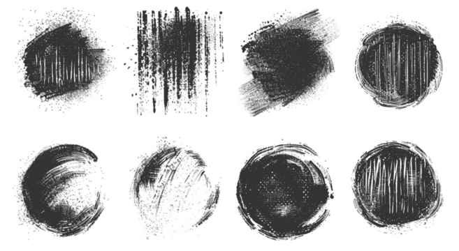 Chalk Texture Stain Set: Hand-Drawn Doodle Effect for Crayon Brush Design, Scratch Frame Shape, Pencil Effect. Ink Brushstroke and Paintbrush Template with Black Ink Brush Stroke