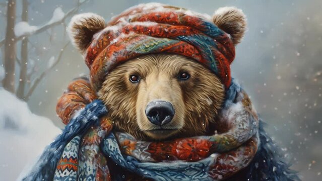 footage a bear wearing a snow hat