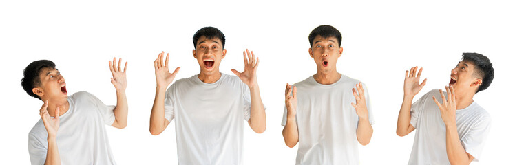 The Set of a Young Asian man in a white t-shirt has a big surprise, isolated on a blue background....