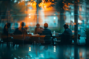Evening Business Meeting at Glass-Walled Conference Room