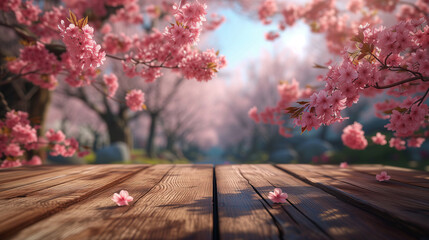 Spring Flowers Arranged on a Wooden Table and in a Garden, Featuring Pink Cherry Blossoms and Vibrant Blooms