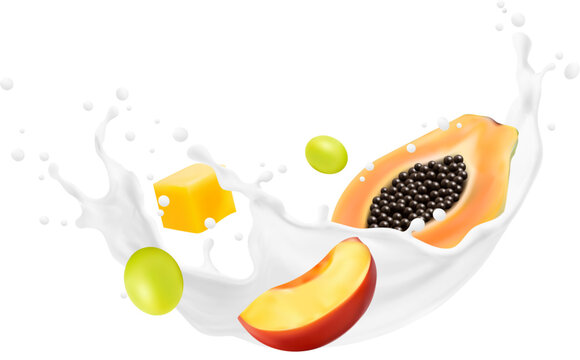 White yogurt drink, milk wave splash with tropical fruit and drops. Vector 3d mango, peach, grapes and papaya slices in cream, yoghurt or milk shake splash, realistic creamy wave of dairy food