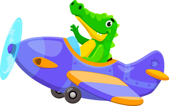 Baby animal character on plane. Cartoon animal crocodile kid airplane pilot. Isolated vector cute alligator cub joyfully maneuvers a tiny vintage aeroplane through the skies with its adventurous charm