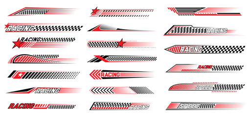 Red race sport car stripe stickers, racing line decals. Bike championship victory or wining banners, car race competition checkered flag pattern or motocross sport decals with finish or start flag