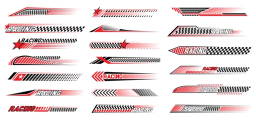 Foto auf Acrylglas Höhenskala Red race sport car stripe stickers, racing line decals. Bike championship victory or wining banners, car race competition checkered flag pattern or motocross sport decals with finish or start flag