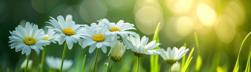 a vibrant spring meadow teeming with daisies, capturing the essence of a warm, blooming field on a sunny day