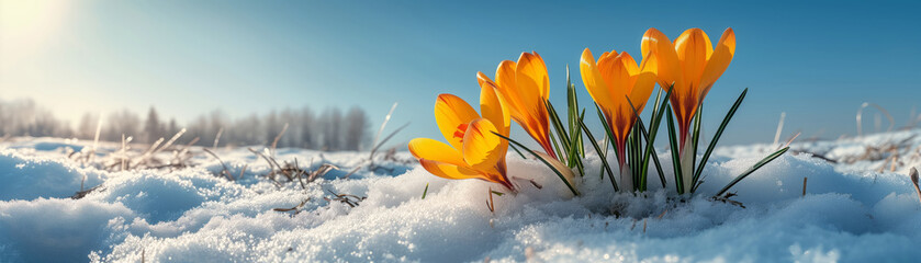 Yellow crocus flowers sprouting amid melting snow during the spring season, a serene and...