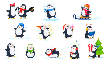 Cartoon cute funny penguin characters doing Christmas winter holiday activities. Happy penguin birds vector personages with snow, sled, hats and scarves, Xmas tree, gift, ice skates and snowballs © Vector Tradition