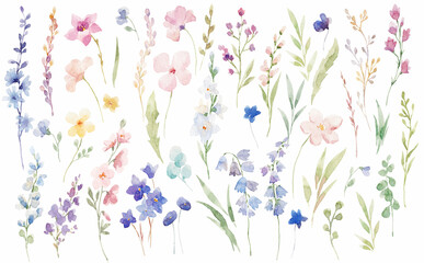 Big floral illustrations set with watercolor hand drawn flowers. Stock clip art. - 729019672