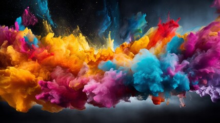 Colorful powder explosion on black background. Abstract pastel color dust particles splash - obrazy, fototapety, plakaty