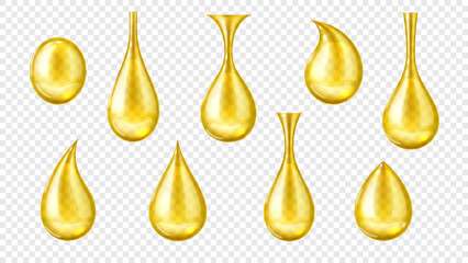 Realistic oil drops. Isolated 3d vector set of small, yellow liquid spheres of hydrophobic substance. Shiny fluid amber colored dews of honey, fuel, collagen, beauty, cooking or lubrication production - obrazy, fototapety, plakaty