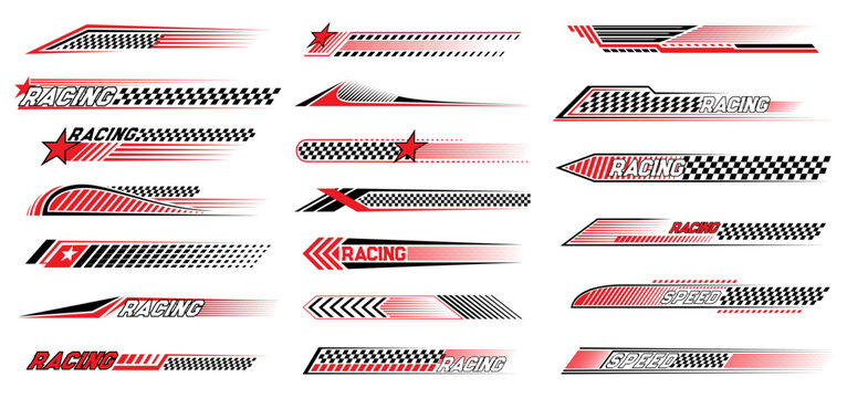 Red race sport car stripe stickers, racing line decals. Bike championship victory or wining banners, car race competition checkered flag pattern or motocross sport decals with finish or start flag