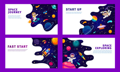 Cartoon space posters. Space travel, astronomy science or galaxy research vector banners. Business startup horizontal posters with kid astronaut character flying on rocket, UFO and galaxy planets