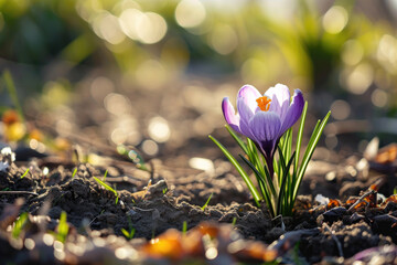 Young crocus flower at spring sunny day