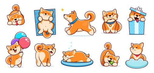 Cartoon kawaii cute pet shiba inu dog and puppy characters. Funny pet animals vector personages of japanese breed, happy baby dogs playing with ball and bone toys. Shiba inu puppies sleeping, running