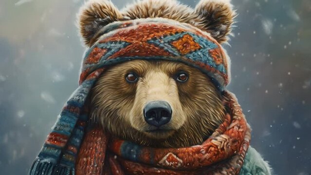 footage a bear wearing a snow hat
