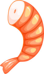Cartoon seafood, shrimp or prawn tail peeled for sea food restaurant or sushi bar, isolated vector. Seafood cuisine and cooking cartoon shrimp tail or surimi prawn for sushi menu ingredient