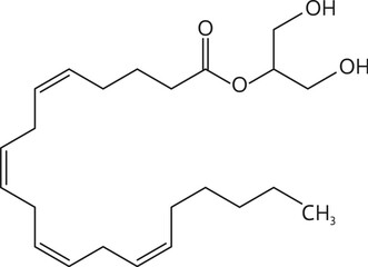 Neurotransmitter, 2-Arachidonoylglycerol or 2-AG chemical formula of molecule, vector molecular structure. 2-Arachidonoylglycerol, neuromodulator of nervous system and receptors in molecular structure