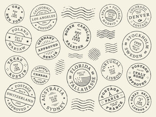 Obraz premium Postage and postal stamps and mail post labels, country vintage letter or postcard vector icons. Retro postage or postmark stamps with date seal from New York, Australia Sydney or Texas and California