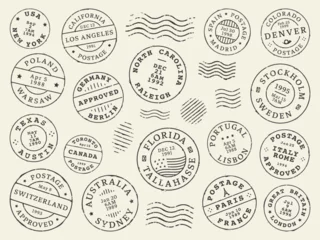 Fotobehang Postage and postal stamps and mail post labels, country vintage letter or postcard vector icons. Retro postage or postmark stamps with date seal from New York, Australia Sydney or Texas and California © Vector Tradition
