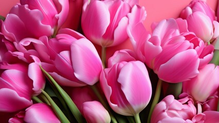 Obraz premium pink tulip flowers against a pale pink background, spring flower romantic background