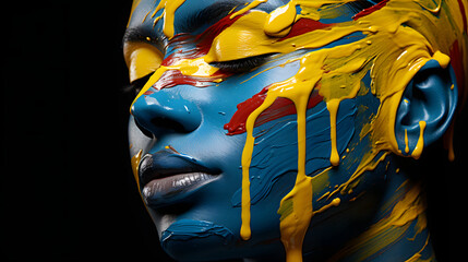 portrait of a woman face smeared with colored paint. glamor and art.