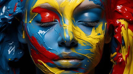 the face of a beautiful woman covered with bright colored paint. glamor and art.