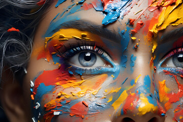 portrait of a woman face smeared with colored paint. glamor and art.