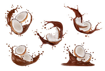 Realistic chocolate milk splashes with coconut, vector 3d drink or cacao dessert food. Tropical nut milk shake cocktail, chocolate sauce or mousse swirls and waves with cracked nuts of coconut palm