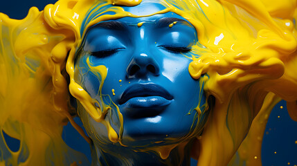 the face of a beautiful woman covered with bright colored oil paint. glamor and art.