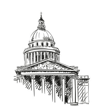Pantheon in Paris, France, Main facade and dome, Hand drawn architectural sketch, Vector illustration hand drawn black pen on white