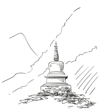 Tibetan Buddhist stupa in the Himalayas, hand drawn vector illustration, religious sacred symbol of Buddhism in the mountains, freehand sketch