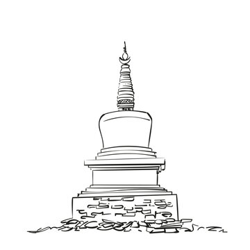Tibetan Buddhist stupa, hand drawn vector illustration, religious sacred symbol of Buddhism, freehand sketch black ink lines isolated on white