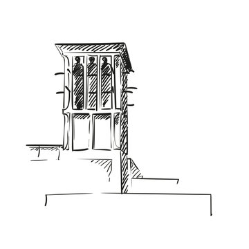 Wind catching tower hand drawn illustration, Vector sketch of traditional architectural element for cross ventilation and passive cooling in building, Old Dubai, Black ink drawing on white