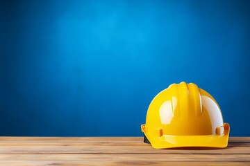Yellow construction helmet on a blue background. The concept of Labor Day. Builder's Day. Copy space.