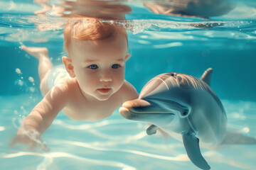 boy with a dolphin swimming in the pool. - Powered by Adobe