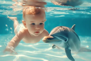 Foto auf Acrylglas boy with a dolphin swimming in the pool. © MaskaRad
