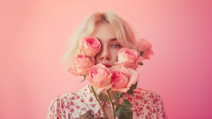 Portrait of an attractive woman covering her face with rose flowers. Minimal spring concept