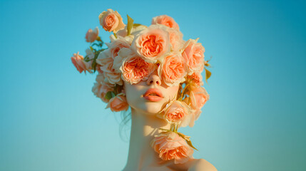 Portrait of an attractive woman covering her face with rose flowers. Minimal spring concept