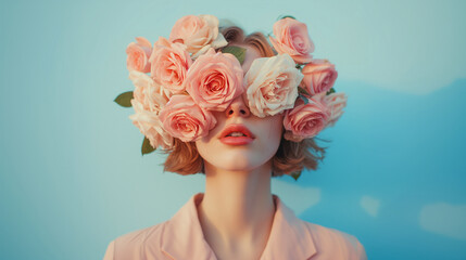 Portrait of an attractive woman covering her face with rose flowers. Minimal spring concept